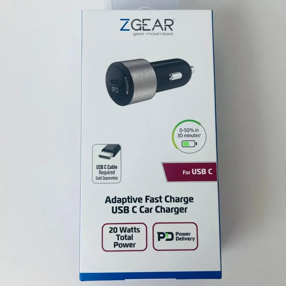 Z Gear Adaptive Fast Charging USB C Car Charger 20 watts for‎ USB C - NEW